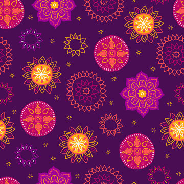 Diwali seamless pattern with mandala on dark violet background