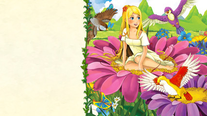 cartoon fairy tale scene with beautiful young girl on the meadow - with frame for text - illustration for children