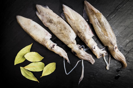 group of fresh squids next to some bay leaves on a black slate board
