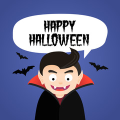 Halloween vector poster illustration card with funny vampire character and bats.