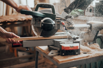 The work of Circular sawmill in the workshop close-up