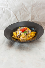 Radiatori pasta Bolognese on the table