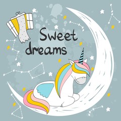 Vector illustration with unicorn and moon. Sweet dreams.