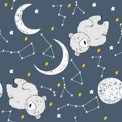 Vector illustration with bear and moon. Sweet dreams.