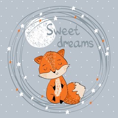 Vector illustration with funny fox and moon. Sweet dreams.