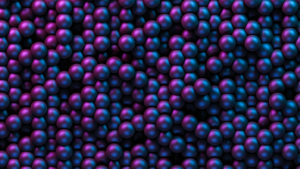 Abstract background, an array of balls at different depths, a wall of spheres with colored lighting. 3D Rendering