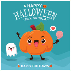 Vintage Halloween poster design with vector pumpkin & ghost character. 