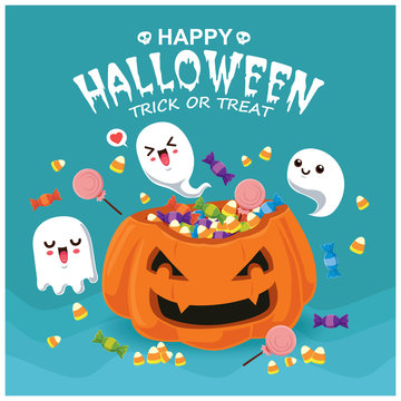 Vintage Halloween poster design with vector pumpkin & ghost character. 