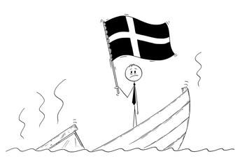 Cartoon stick drawing conceptual illustration of politician standing depressed on sinking boat waving the flag of Kingdom of Sweden.