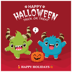 Vintage Halloween poster design with vector demon character.  