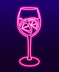 Continuous line drawing. Vector neon sign Wineglass with wine or coctail. One Line art of wine glass with citrus Fun concept celebrates. Vector illustration