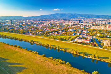 Sava river and Zagreb cityscape aerial view