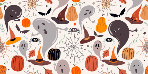 Halloween seamless pattern with ghosts and funny elements