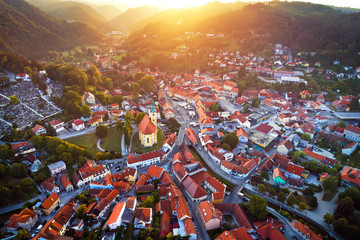 Town of Samobor aerial burning sunset view