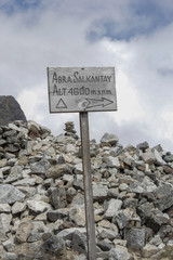 sign at the top of Salkantay mountain in Peru