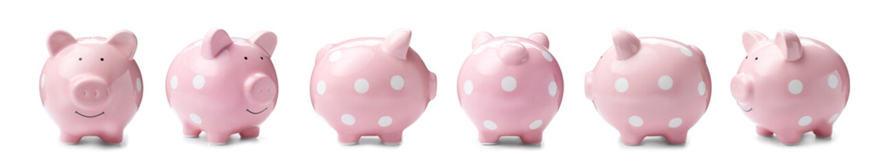 Set with piggy bank from different views on white background