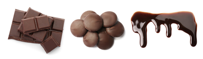 Set with delicious chocolate on white background