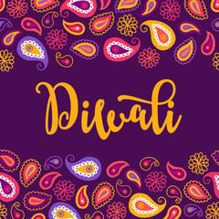 Diwali greeting card with seamless border - flowers, paisley