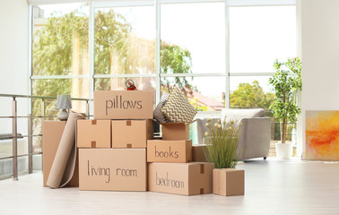 Cardboard boxes and household stuff indoors. Moving day
