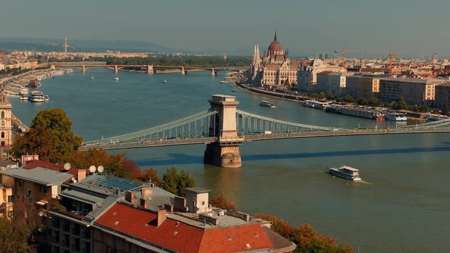 Telephoto shot of the Parliament and Chain Bridge in the Hungarian capital of Budapest named after the Scottish civil engineer