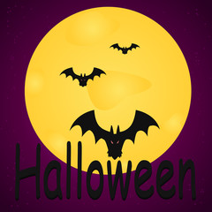Illustration of the moon and bats on a purple background with stars and stars