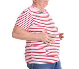Fat senior man on white background, closeup. Weight loss