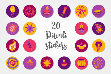 Diwali circle stickers with lantern, mandala, candle, firecracker, firework, paisley