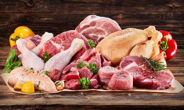 Raw meat assortment on cooking paper