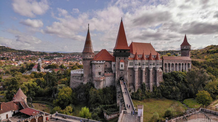 Fototapeta na wymiar Aerial view of medieval Corvin Castle or Corvinilor or Hunyad Castle in Hunedoara, town in beautiful Transylvania, Romania.