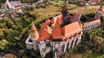 Aerial view of medieval Corvin Castle or Corvinilor or Hunyad Castle in Hunedoara, town in...