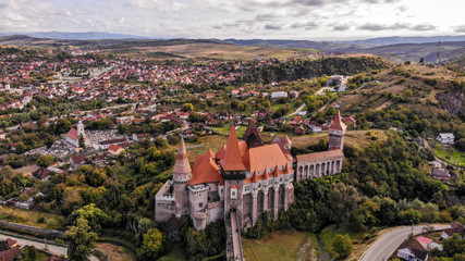 Aerial view of medieval Corvin Castle or Corvinilor or Hunyad Castle in Hunedoara, town in...