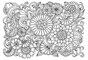 Page for coloring book. Outline flowers. Doodles in black and white