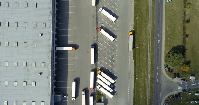 Aerial drone video on distribution center. Logistic and transport concept