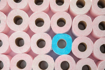 Many rolls of toilet paper as background, top view