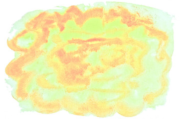Pastel watercolor -  light green-orange-yellow shades. Painted by hand on paper. Abstract background for websites, banners, design, print. With space for text.