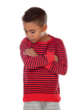 Sad child with red striped t-shirt