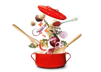Poster Großer roter Topf für Suppe mit Gemüse © Zarya Maxim