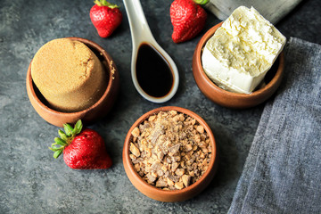 Creamy Chocolate English Toffee Fruit Dip on dark background
