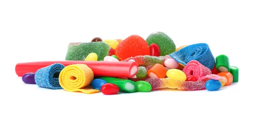 Foto op Aluminium Pile of delicious colorful chewing candies on white background © New Africa