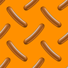 Boiled Sausage Seamless Pattern on Orange Background. Street Fast Food.