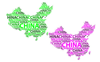 Sketch China letter text map, People's Republic of China (PRC) - in the shape of the continent, Map China - green and purple vector illustration