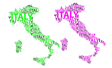 Sketch Italy (Italian or Apennine Peninsula) letter text map, Italian Republic - in the shape of the continent, Map Italy - green and purple vector illustration