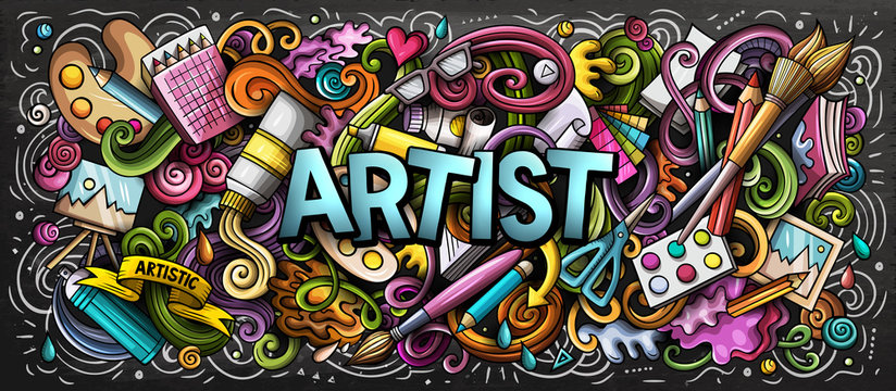 Artist supply color illustration. Visual arts doodles. Painting and drawing art background.