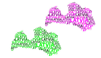 Sketch Latvia letter text map, Republic of Latvia - in the shape of the continent, Map Latvia - green and purple vector illustration