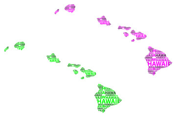 Sketch Hawaii (United States of America) letter text map, Hawaii map - in the shape of the continent, Map State of Hawaii - green and purple vector illustration