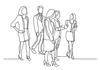 continuous line drawing of walking team of professionals talking