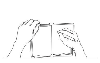 continuous line drawing of hand writing notes in workbook
