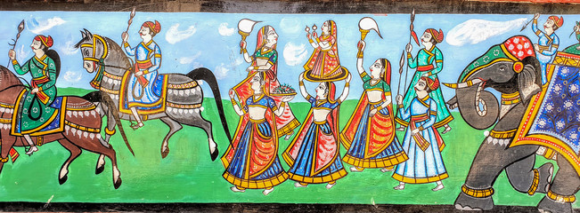 Wandmalerei / Indien / Pferde / Elefanten / Kultur / Tanzen