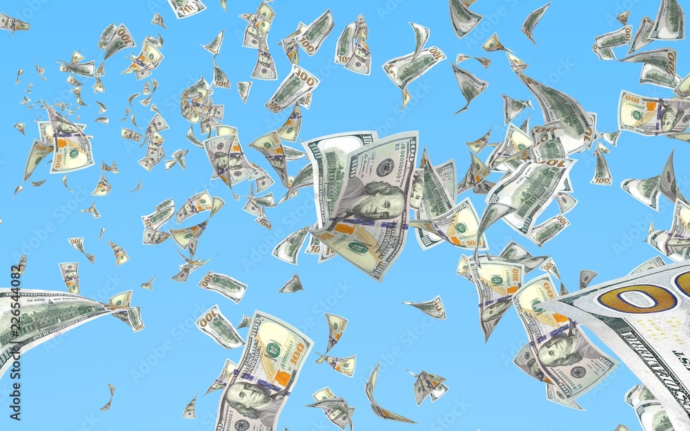 Wall mural flying dollars banknotes isolated on a blue background. money is flying in the air. 100 us banknotes