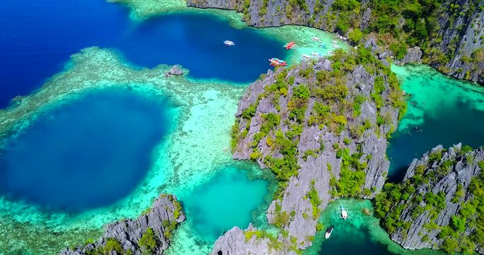 Aerial View Of Coron Lagoons With Catamaran-Style Boats Moored - Tropical Bay In Palawan, Philippines